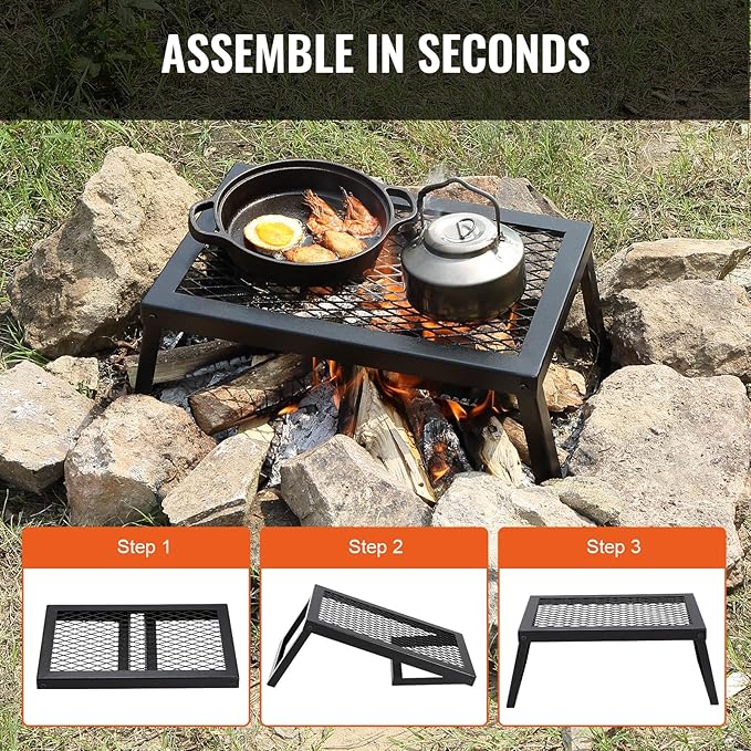 VEVOR Folding Campfire Grill, 18" Portable Camping Grates Over Fire Pit, Heavy Duty Steel Mesh Grate, Camp Fire Cooking Equipment with Legs Carrying Bag, Grilling Rack for Outdoor Open Flame Cooking
