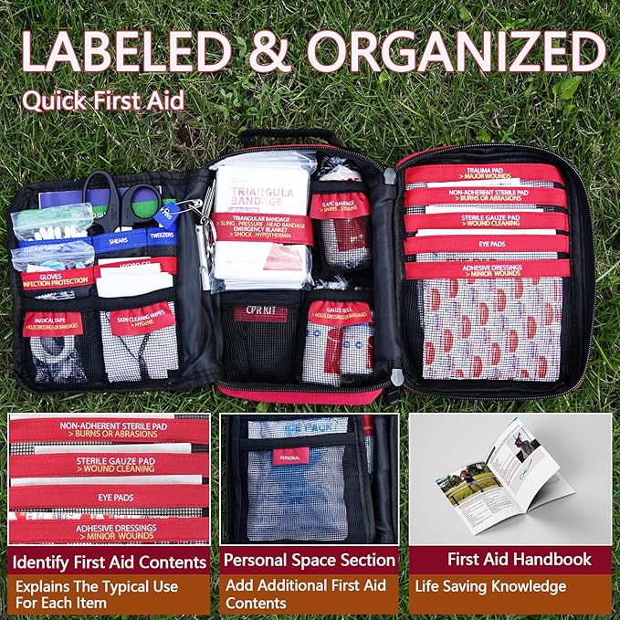 First Aid Kit, Professional Trauma First Aid Kit with Labelled Compartments Molle System for Car, Hiking, Backpacking, Camping, Traveling, and Cycling