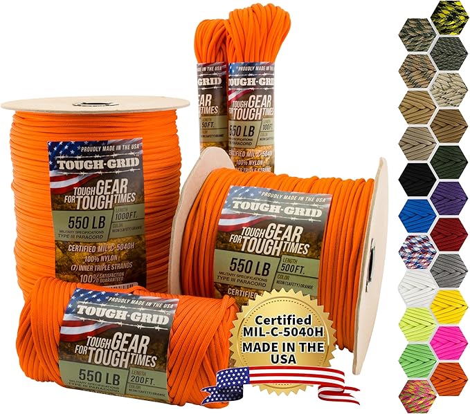 TOUGH-GRID 550 Paracord Rope Nylon Parachute Cord, Made in USA Survival Kit, Outdoor Adventures, Camping, Tactical Gear & Emergency Supplies, Military Type III Mil-Spec