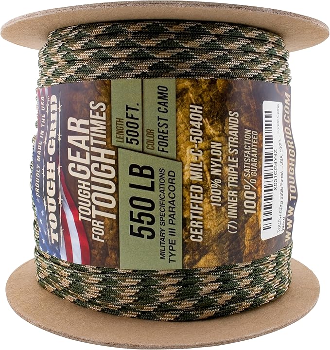 TOUGH-GRID 550 Paracord Rope Nylon Parachute Cord, Made in USA Survival Kit, Outdoor Adventures, Camping, Tactical Gear & Emergency Supplies, Military Type III Mil-Spec