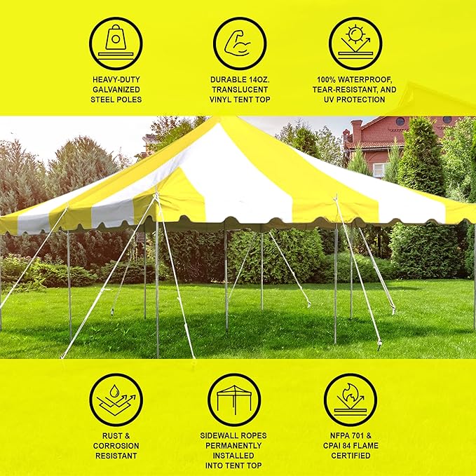 Party Tents Direct 20'x20' Weekender Standard Canopy Pole Tent - Easy Up Canopy Tent with 80 Person Capacity - Outdoor Canopies for Parties, Weddings, & Events (Yellow/White Top)