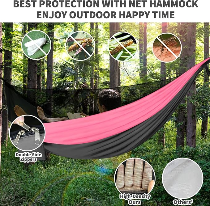 Camping Hammock Pink Grey Hammocks with Mosquito Net Tent and Rain Fly Tarp Portable Single & Double Nylon Parachute Hammock with Heavy Duty Tree Strap Outdoor Backpacking Survival Travel