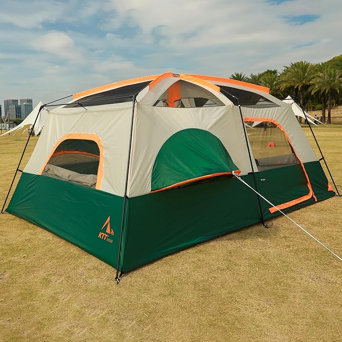 KTT Large Family Cabin Tent 10-12 Person,14.1X10X6.58ft,2 Rooms,3 Storage Pockets,2 Bay-Windows 3 Doors and 3 Windows with Mesh,Straight Wall,Waterproof,Double Layer,Big Tent for Outdoor,Camping