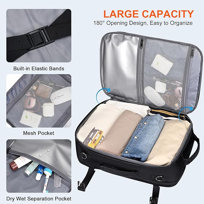 PIJUSHI Travel Backpack for Women Men Carry on Suitcase Backpack Flight Approved Personal Item Bag Fits 16 Inch Laptop(PE035 Black)