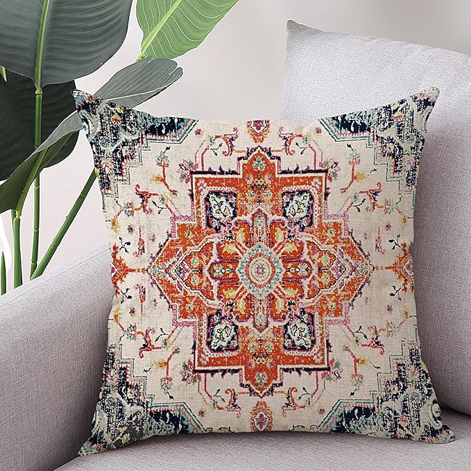 Outdoor Waterproof Pillow Covers 18 x 18 Inch Set of 2 Orange Bohemian Vintage Carpet Pattern Pillow Covers Ethnic Design Decorative Farmhouse Pillow Covers for Couch Garden Balcony, Boho-7
