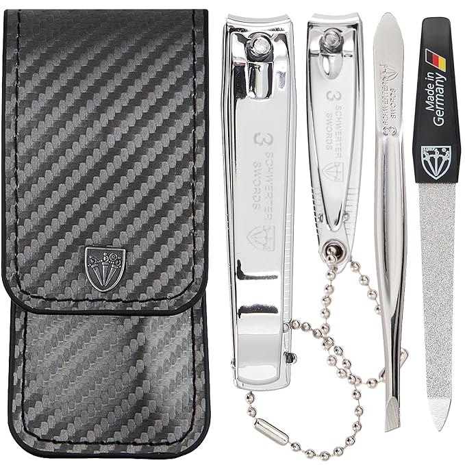 3 Swords Germany - Brand Quality 4 piece Manicure Pedicure Grooming kit Set Tweezers File Clipper Fashion Leather case in Gift Box, Made by 3 Swords