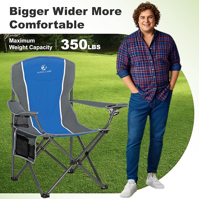 LET'S CAMP Oversized Outdoor Folding Camping Chair, Heavy Duty Arm Chair with Cup Holder and Storage Bag, 350 LBS Weight Capacity, Blue