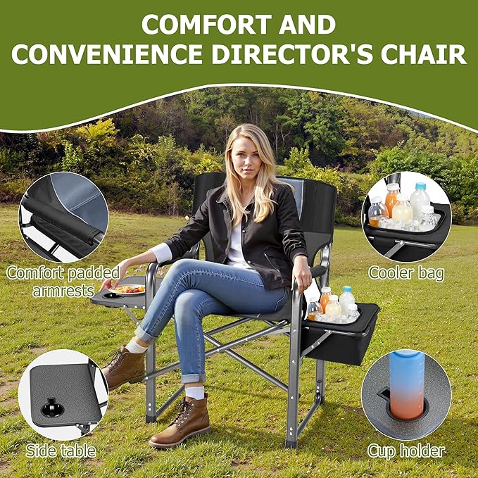 Oversized Camping Chairs,Heavy Duty Support 500 LBS,Directors Chair With Padded Back & Arm Sport Chairs With Cup Holder Cooler Bag, Collapsible Folding Chairs,Beach Chair for Outdoor, Fishing & Garden