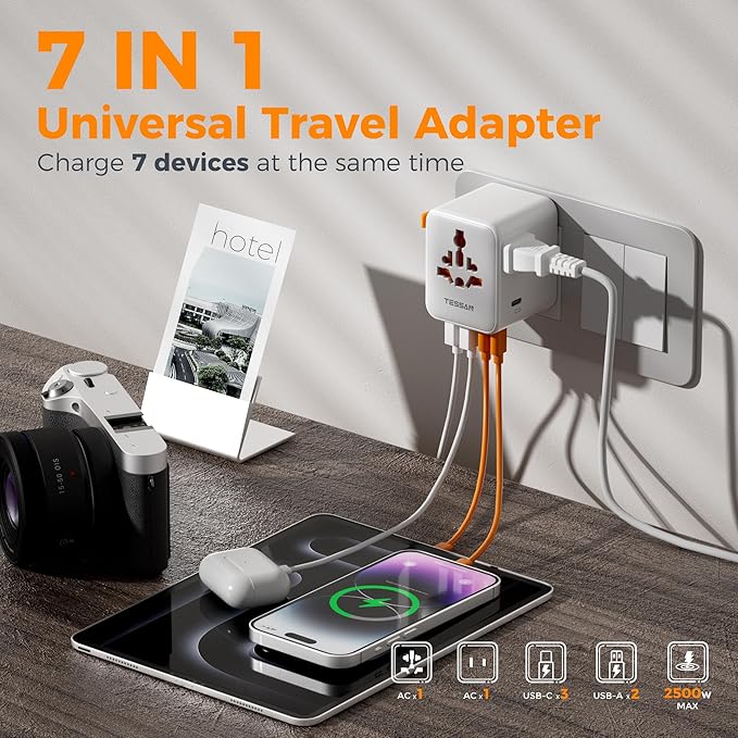 TESSAN Universal Travel Adapter, International Power Adapter with Extra 2 Prong AC Outlet, 5 USB Ports (3 USB C), 28W Worldwide Plug Adaptor for US to Europe UK Australia Ireland (Type C G A I)