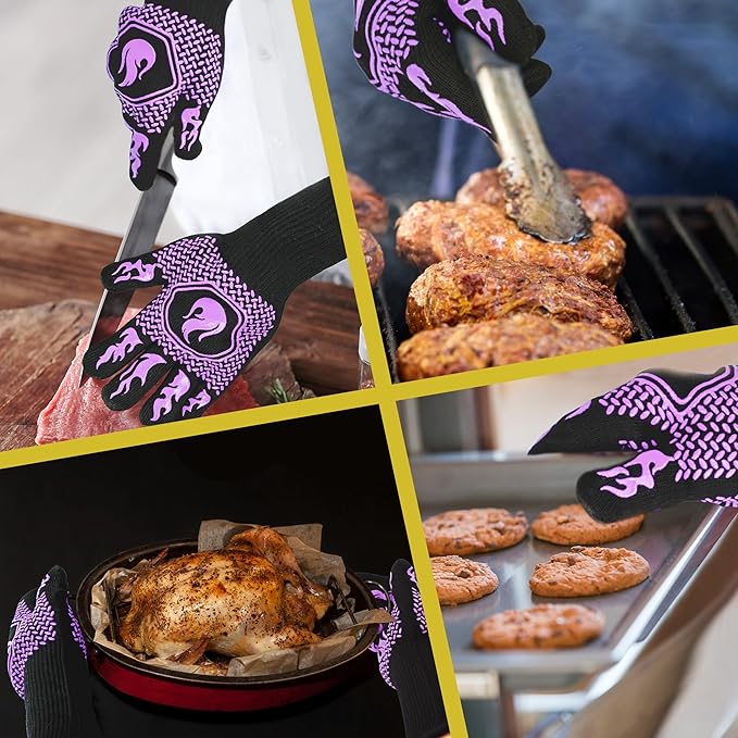 BBQ Fireproof Gloves, Grill Cut-Resistant Gloves 1472°F Heat Resistant Gloves, Non-Slip Silicone Oven Gloves, Kitchen Safe Cooking Gloves for Oven Mitts,Barbecue,Cooking, Frying,13.5 Inch-Purple