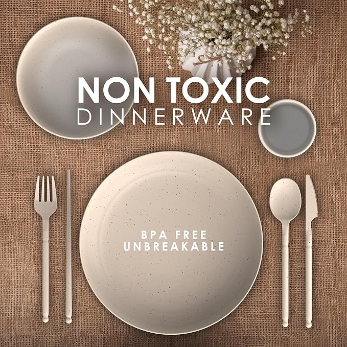 Wheat Straw Dinnerware Sets for 4 - Alternate To Plastic Dinnerware Set - Dishwasher Safe Microwave Plates - Lightweight Wheatstraw Dishes - Unbreakable Camping Plates & RV Dishes