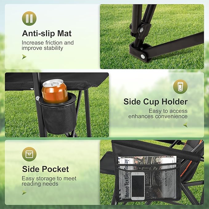 LET'S CAMP Oversized Camping Chairs 29.52" High Back Heavy Duty Lawn Chair Support 500LBS, Portable Collapsible Chair with Cup Holder, Side Pocket,2 Pack(Black)