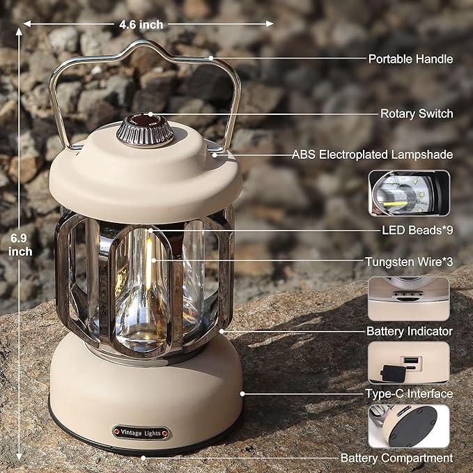 Rechargeable LED Camping Lanterns, 2000mAh Vintage Camping Lights Battery Operated Rechargeable , Hanging Retro Metal Hiking Tent Lamp for Emergency, Hurricane,Decoration,Home,White,1 Pack