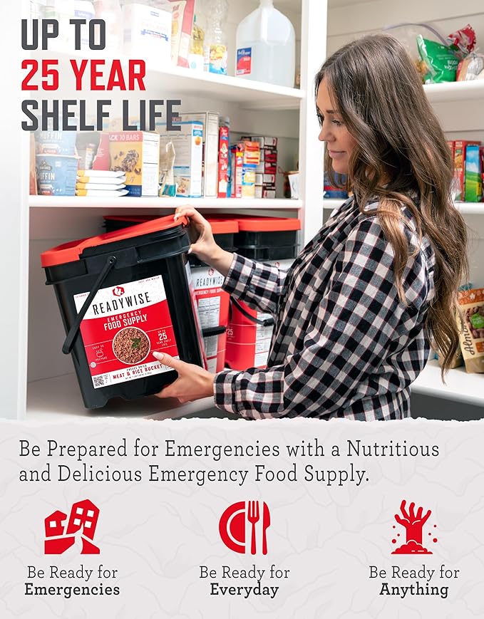 ReadyWise Emergency Food Supply - 88 Servings Meat & Rice Bucket, Freeze Dried Protein Meals, Camping Essentials, Bulk Rice & Survival Food, Disaster Prepping Supplies, up to 25 Year Shelf Life