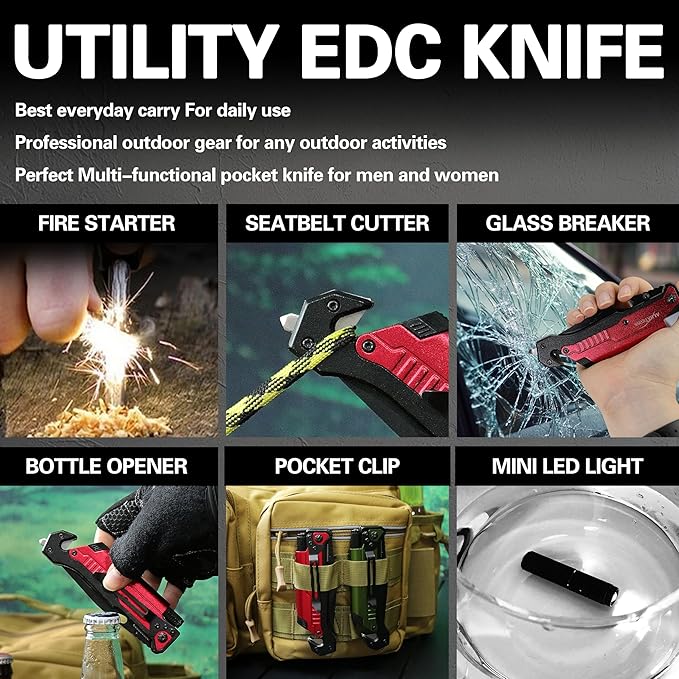ALBATROSS 7-in-1 Folding Pocket Knife with Glass Breaker, Seatbelt Cutter, Serrated Blade, LED Flashlight, Fire Starter & Bottle Opener - Emergency & Outdoor Tool with Pouch (Red) FK01-RD