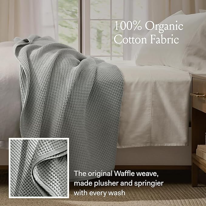 BOLL & BRANCH Waffle Bed Blanket - King/Cal King, Pewter - Luxury 100% Organic Cotton - Soft, Lightweight and Breathable - Textured Waffle Weave