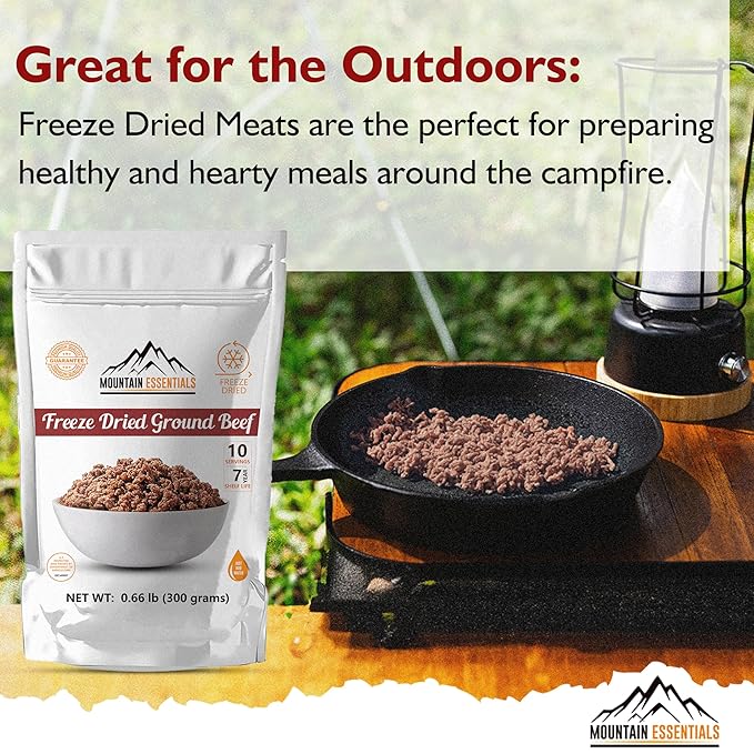 MOUNTAIN ESSENTIALS Freeze-Dried Ground Beef – Pre-Cooked and Ready-to-Eat Hamburger Meat | Everyday Meal Prep, Emergency Food Supply, Camping and Survival Food | 10 Servings per Pouch | Made in USA | 7-Year Shelf Life | Pack of 1