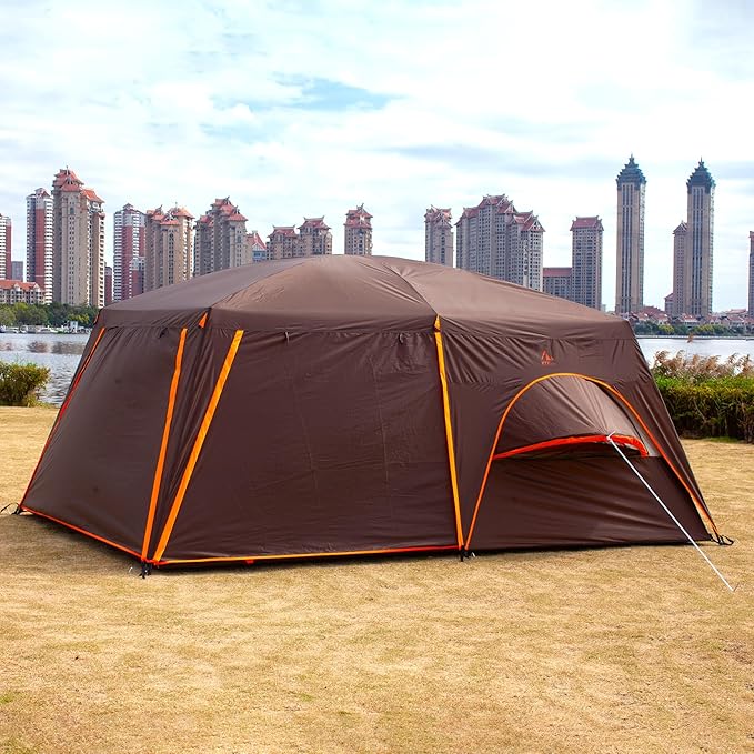 KTT Large Family Cabin Tent 10-12 Person,14.1X10X6.58ft,2 Rooms,3 Storage Pockets,2 Bay-Windows 3 Doors and 3 Windows with Mesh,Straight Wall,Waterproof,Double Layer,Big Tent for Outdoor,Camping