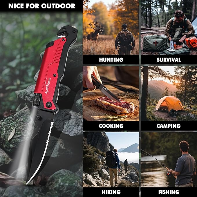 ALBATROSS 7-in-1 Folding Pocket Knife with Glass Breaker, Seatbelt Cutter, Serrated Blade, LED Flashlight, Fire Starter & Bottle Opener - Emergency & Outdoor Tool with Pouch (Red) FK01-RD