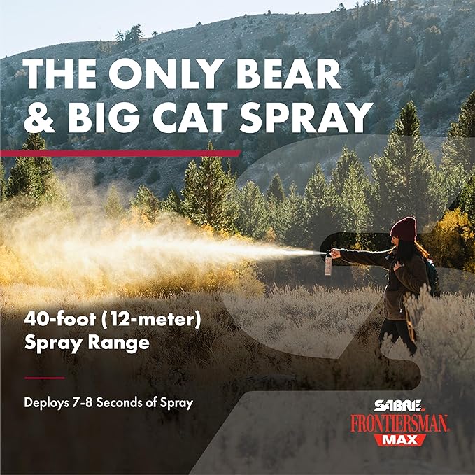 SABRE Frontiersman MAX Bear Spray – 40 ft Range, Maximum Strength, The Only EPA-Registered Spray for Bears & Mountain Lions, 9.2 oz, Glow Safety Clip, Outdoor Hiking & Camping Protection