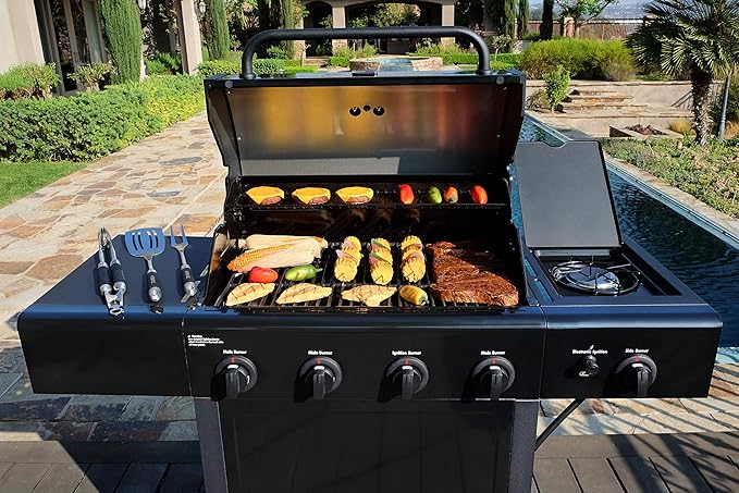 Kenmore 4-Burner Gas Grill with Side Burner, Outdoor BBQ Grill, Propane Gas Grill, Cast Iron Cooking Grates, Electronic Ignition, Warming Rack, Open Cart Design, 53000 BTUs, Black