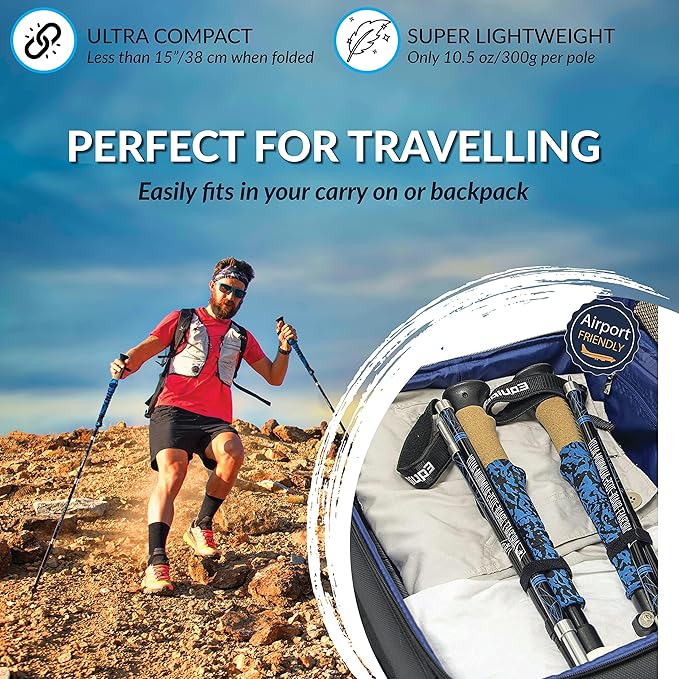 Hiking Poles Collapsible Lightweight & Adjustable - Quick Lock Foldable Trekking Poles, Hiking Sticks with Cork Grip & Foam Handle, Nordic Walking Poles for Women, Men & Seniors on Travel
