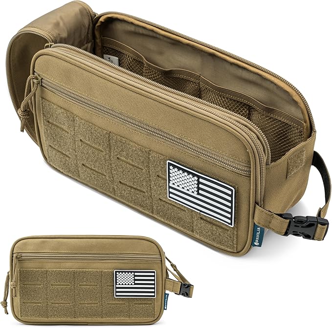PAVILIA Tactical Toiletry Bag for Men, Travel Hygiene Bag, Military Gear Dopp Kit, Water Resist Molle Accessories Pouch, Mens Shaving Essentials, Gym Bathroom Shower Small Toiletries Tool EDC, Tan