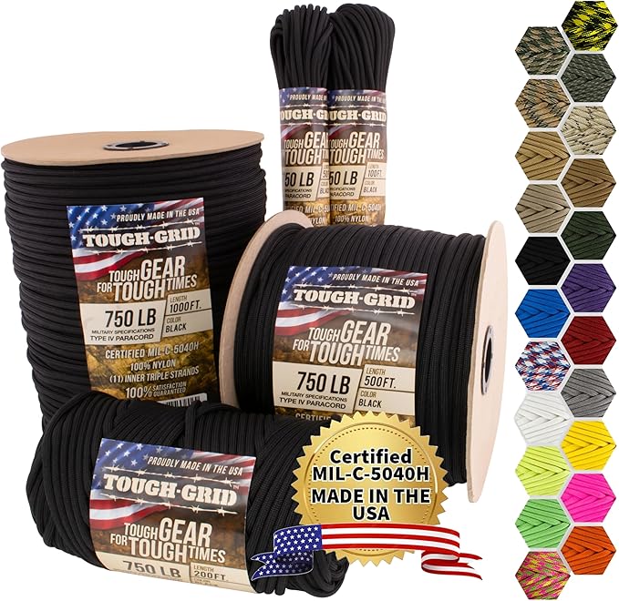 TOUGH-GRID Paracord Rope 750 lbs Nylon Parachute Cord, Made in USA Survival Kit, Outdoor Adventures, Camping, Tactical Gear & Emergency Supplies, Military Type IV Mil-Spec