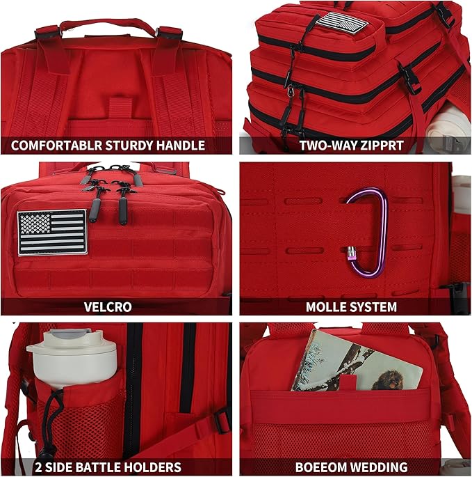 Sparklekle Military Tactical Backpack 45L 3 Day Assault Pack Waterproof Molle Hiking Rucksack for Men&Women (Red)