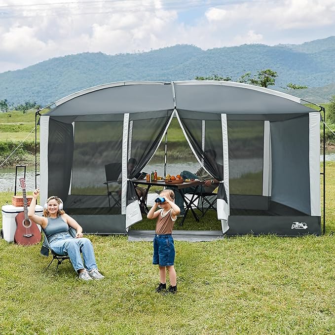Screen House Tent 13x9ft Screen Room Mesh Gazebos w/ 2 Magnetic Doors, Included Projection Screen, Camping Tent Screened Canopy Shelter for Outdoor Patios Backyards Activities (Gray)