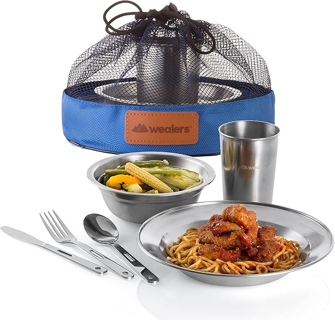 Unique Complete Messware Kit Polished Stainless Steel Dishes Set| Tableware| Dinnerware| Camping| Includes - Cups | Plates| Bowls| Cutlery| Comes in Mesh Bags