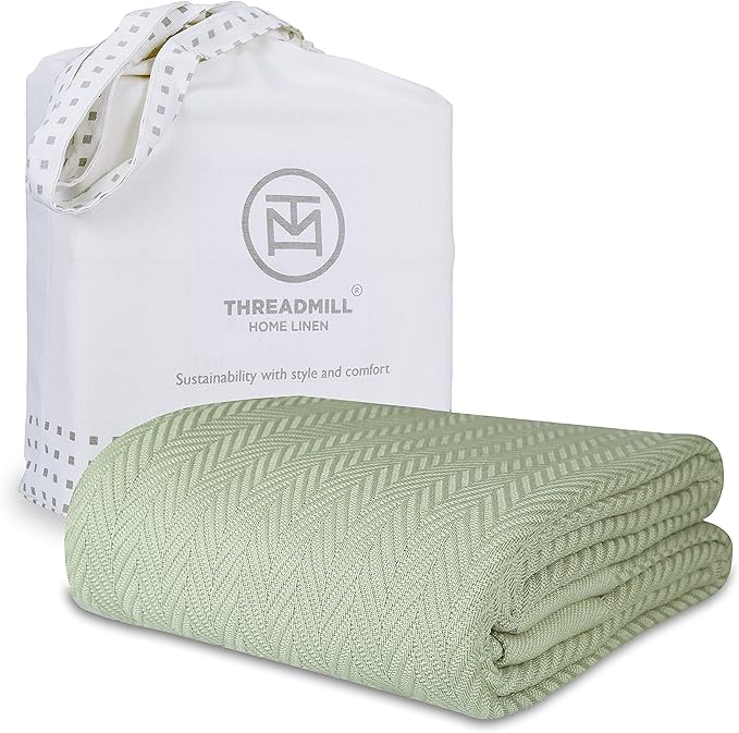 Threadmill Luxury Cotton Blankets for Twin Size Bed | All-Season 100% Cotton Twin Blanket for Bed | Herringbone Soft & Cozy Fall Thermal Blanket, 350GSM, 68x92 inches | Sage Green