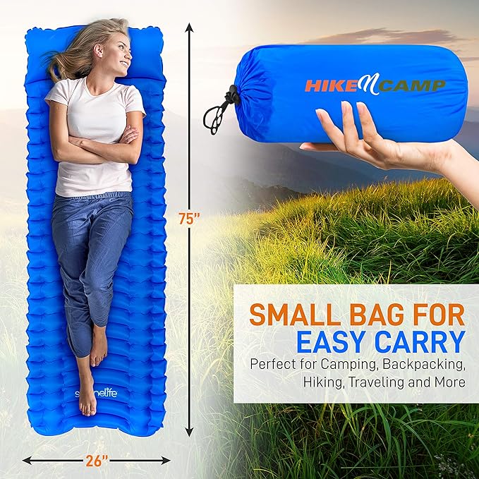 SereneLife Lightweight & Compact Camping Gear – Sleeping Pads & Bags with Built-in Pillows for Outdoor Comfort, Waterproof & Tear-Resistant Design, Perfect for Hiking, Backpacking, Couples & Solo Use