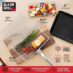 BLAZIN' GRILL Baskets for Outdoor Grill | 2 Grilling Baskets with Detachable Handle | Barbecue Grill Set with BBQ Gloves | Portable Camping Net Rack Perfect for Vegetables, Seafood & Meat
