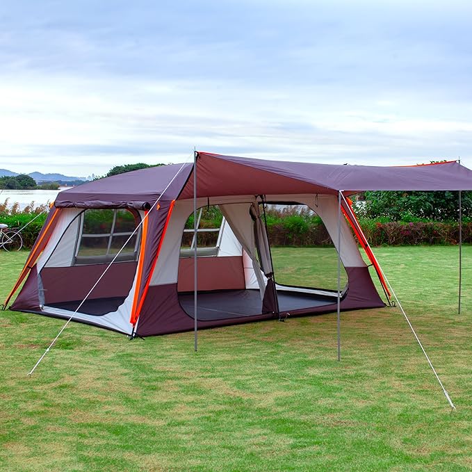 KTT Extra Large Tent 12 Person,Awning Family Cabin Tents,2 Rooms,3 Doors and 3 Windows with Mesh,Straight Wall,Waterproof,Double Layer,Big Tent for Outdoor,Picnic,Camping,Family Gathering
