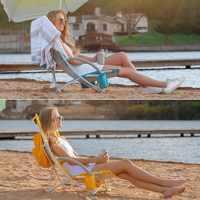 Nice C Beach Chair, Sand Chair, Lake Chairs for Adults with Umbrella and Cooler, Low Beach Chairs High Back, Cup Holder & Carry Bag & Heavy Duty Compact Outdoor, Camping (One Yellow)