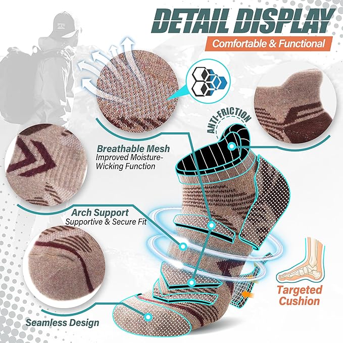 ANTSANG 6 Pairs Merino Wool Ankle Hiking Running Socks Compression Thick Cushion Breathable No Show Socks for Men Women