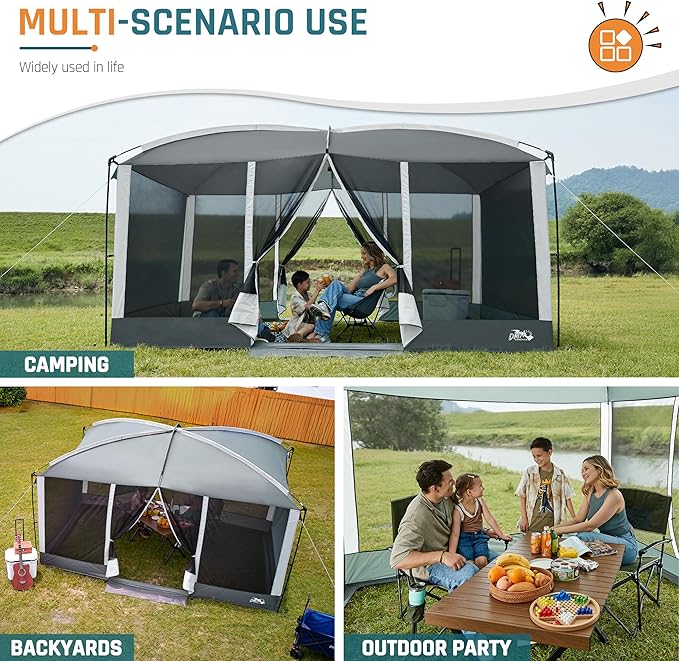 Screen House Tent 13x9ft Screen Room Mesh Gazebos w/ 2 Magnetic Doors, Included Projection Screen, Camping Tent Screened Canopy Shelter for Outdoor Patios Backyards Activities (Gray)