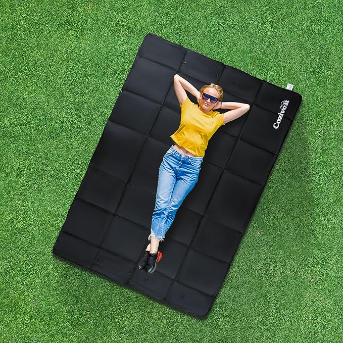 Camping Blanket, 2-in-1 Wearable Puffy Camping Blanket with Hood & Snap Buttons Waterproof Lightweight Travel Blanket Converts to Pillow for Backpacking, Beach, Picnics, Stadium (Black)