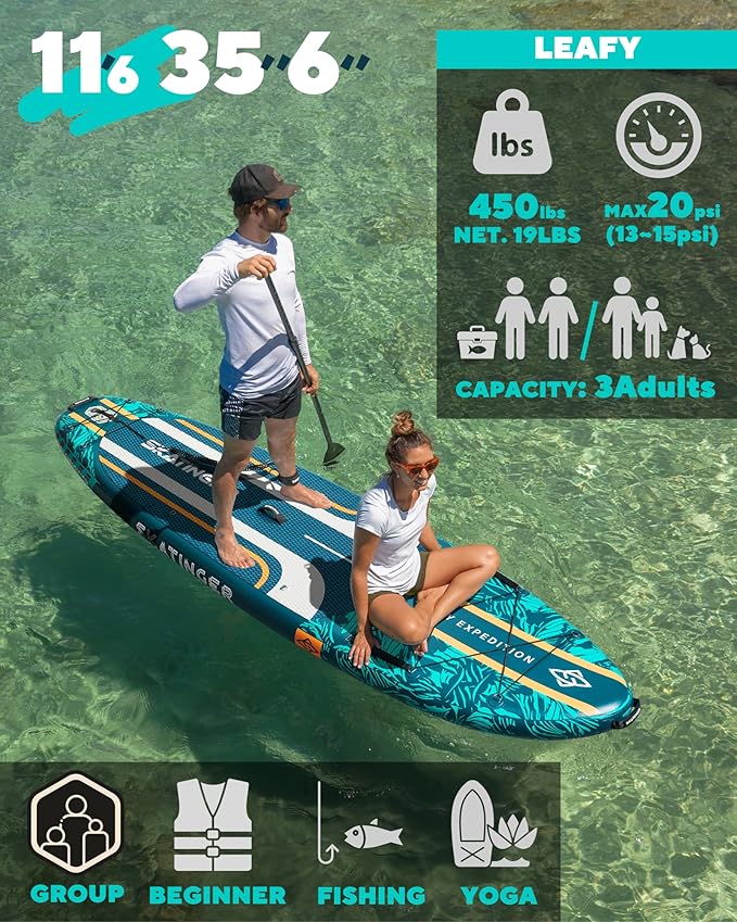 11'6×35" Super Wide Inflatable Paddle Board, Ultra Stable Stand Up Paddleboards for 450lb/3 People/Family/Big Size, Shoulder Strap, 5 Handles, 100L Backpack, All-Round Sup Board, US Fin