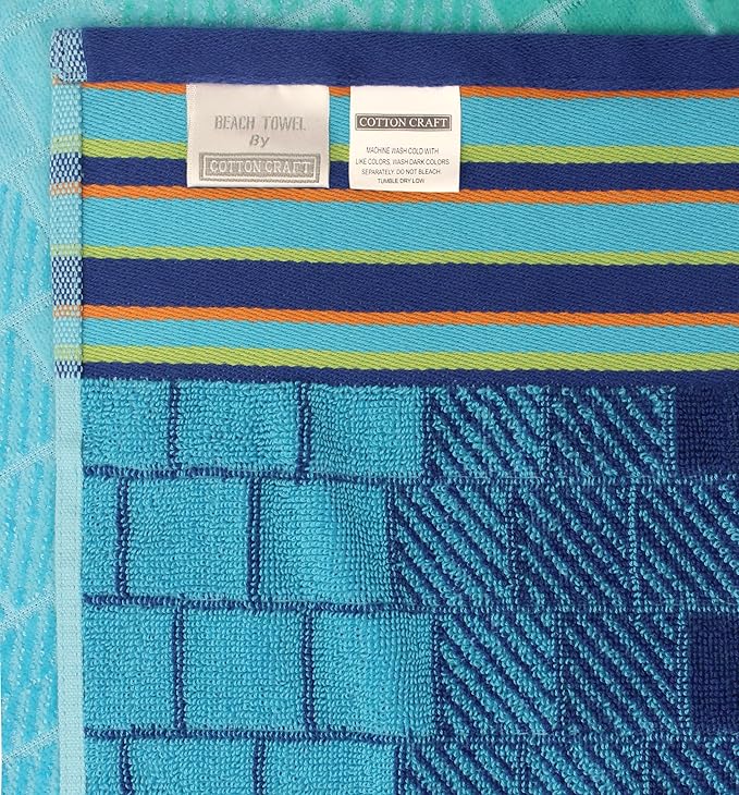 COTTON CRAFT Oversized Beach Towel - 2 Pack 35 x 70 Big & Huge Towel Set - 100% Cotton - Pool Picnic Bath Towel - Plush Terry Jacquard Velour 450 GSM Thick Super Soft Absorbent Luxury - Blue Tiles