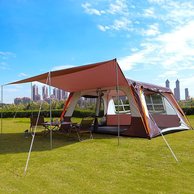 KTT Extra Large Tent 12 Person,Awning Family Cabin Tents,2 Rooms,3 Doors and 3 Windows with Mesh,Straight Wall,Waterproof,Double Layer,Big Tent for Outdoor,Picnic,Camping,Family Gathering