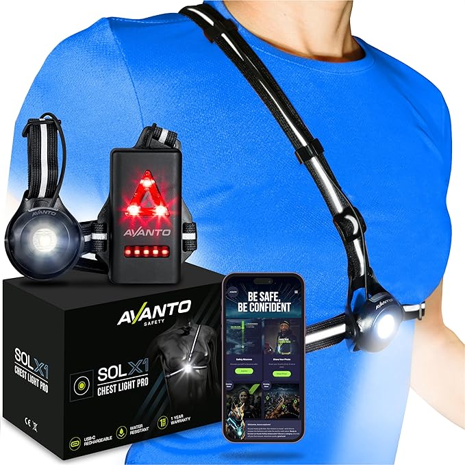AVANTO SOLX1 Pro Chest Light, USB-C Smart Running Lights with Safety Courses, Black