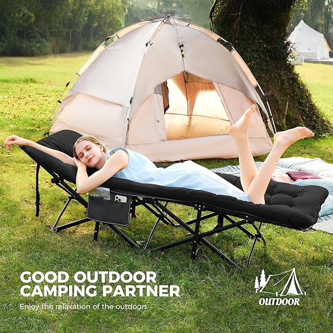 JEAREY Camping Cot for Sleeping 28" Extra Wide, Heavy-Duty 1200D Oxford Foliding Cots for Adults Portable with Mattress, Carry Bag for Guest, Travel, Hiking, Black