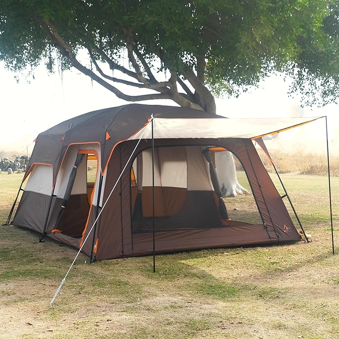 KTT Large Tent 6-12 Person,Family Cabin Tents,Straight Wall,3 Doors and 3 Windows with Mesh,Waterproof,Big Tent for Outdoor,Picnic,Camping,Family,Friends Gathering.
