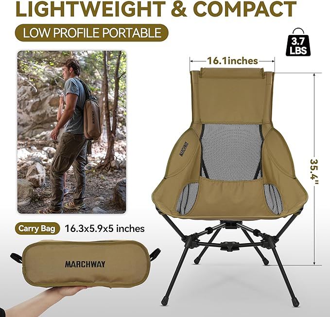 MARCHWAY Lightweight Folding High Back Camping Chair with Head Support, Stable Portable Compact for Outdoor Camp, Travel, Beach, Picnic, Festival, Hiking, Backpacking (Highback Khaki)