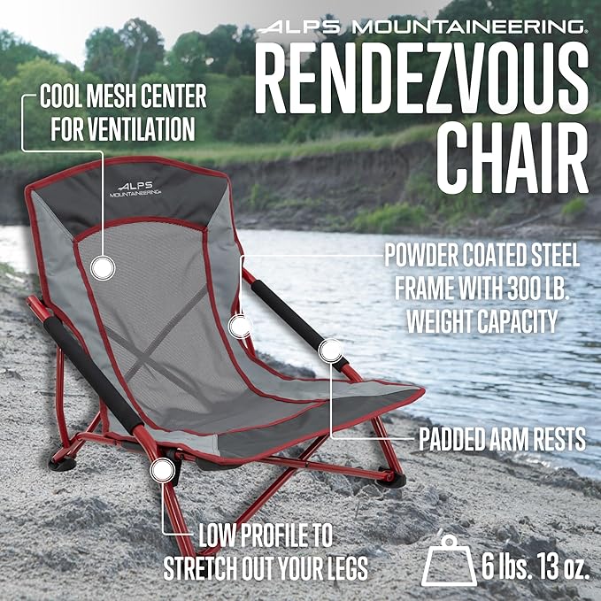 ALPS Mountaineering Rendezvous Low Camping Chairs for Adults with Arms, Cool Mesh Center, Powder Coated Steel Frame, Compact Folding Design and Carry Bag