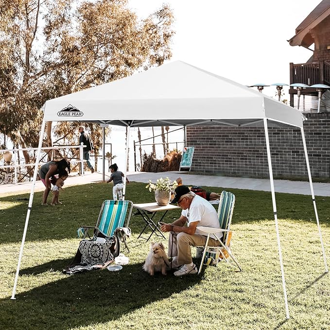 EAGLE PEAK 11x11 Slant Leg Pop-up Canopy Tent Easy One Person Setup Instant Outdoor Beach Canopy Folding Portable Sports Shelter 11' x 11' Base 9' x 9' Top (White)