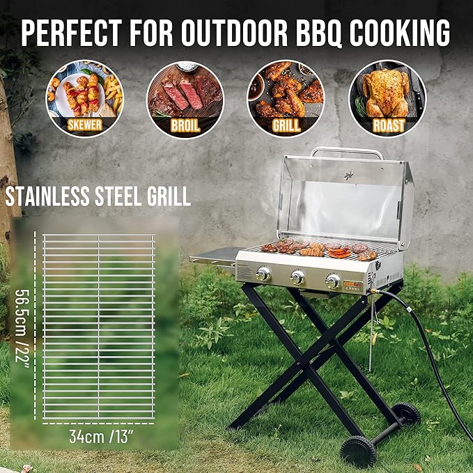 BBQ Gas Grill 3-Burner with Foldable Cart & Side Table, Portable Propane Grill with Lid for Outdoor Patio Backyard Barbecue Camping Tailgating RV Trip, Stainless Steel, GS308