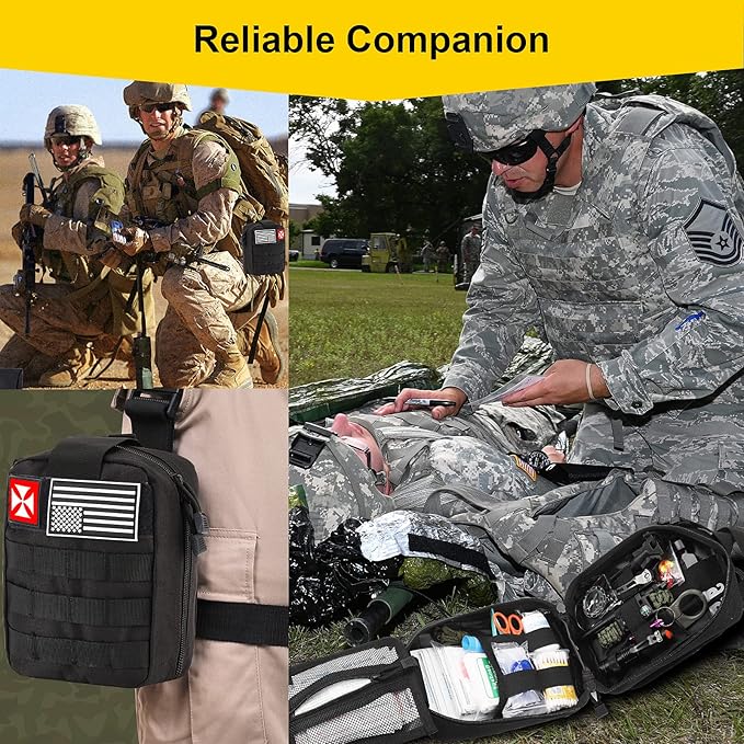 Survival First Aid Kit, 248PCS Survival Tools Camping Essentials Tactical Gear Emergency Trauma Medical Supplies Packed in a MOLLE Pouch, Saber Card,Cool for Men Camping Hiking Outdoor Activities